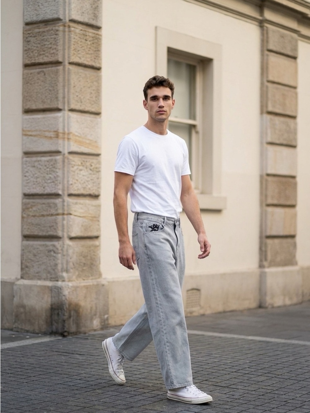 DEM PANTS Men’s Small Relaxed Light Blue Wash Wide Leg Jeans Subtle Pocket Patch